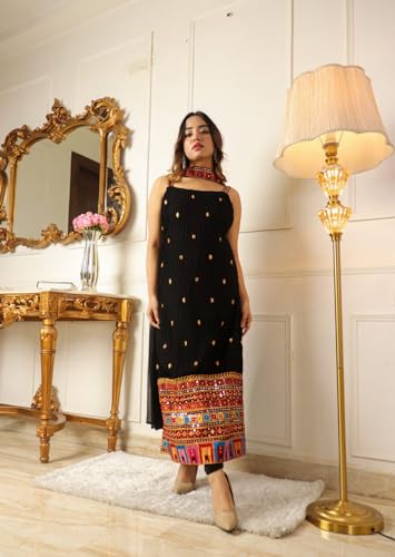 Dresser Women's Georgette Embroidery Straight Kurta with Dupatta Bottom Set (2XL)