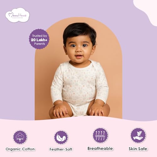 MOM'S HOME Baby's Organic Cotton Soft Full Sleeve Onesie | Multicolour | Pack of 3 (Lemon,Avocado,Bunny, 0-3 Months)