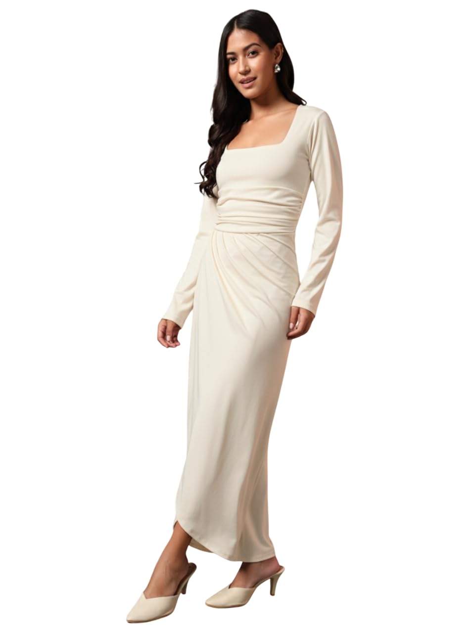 Trend Arrest.ed Women's Draped Bodycon Maxi Dress | Long Sleeve Square Neck Gown | Elegant Ruched Party Dress (Off White,S)