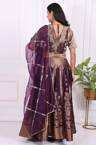 W for Woman Purple Embellished Jacquard Straight Crop Top, Skirt and Dupatta Set - (WS13240-314468-L)