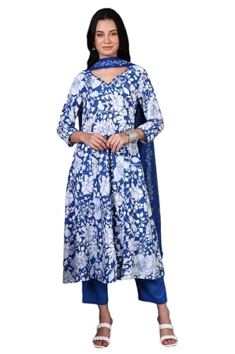 W for Woman Blue Floral Printed Lace Rayon Flared Kurta, Pants and Dupatta Set (Size: M)-WS13005-125923