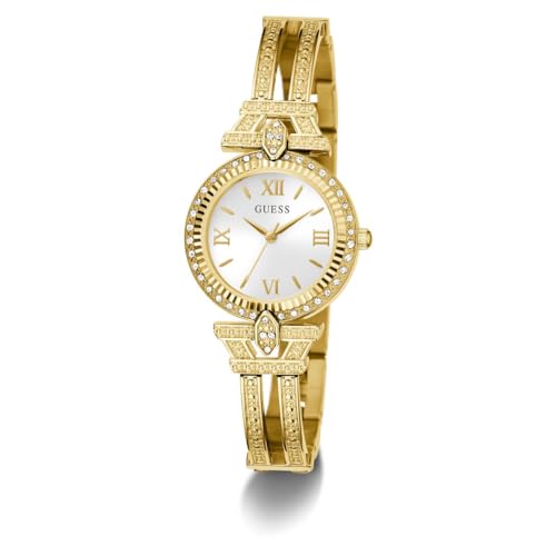 Guess Gb Delphine Analog Watch for Woman with White Round Dial & Gold Tone Recycled Steel Bracelet Band Water Resistant Women's Wrist Watches - GW0864L2