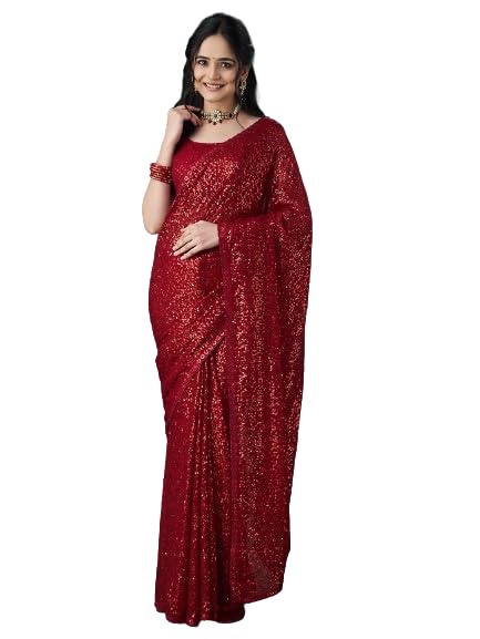 Kasee Women Embellished Sequinned Saree with Blouse Piece (Cherry)