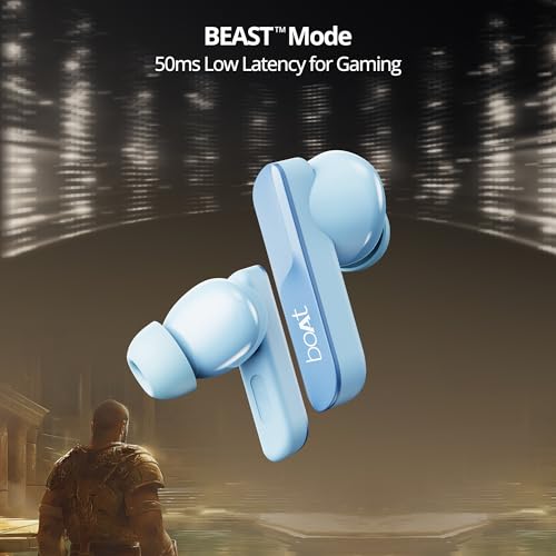 boAt Airdopes 800, Dolby Audio, Adaptive EQ by Mimi, 4Mics AI ENx, App Support, Fast Charge, Low Latency, IPX5, v5.3 Bluetooth TWS in Ear Earbuds Wireless Earphones with mic (Interstellar Blue)