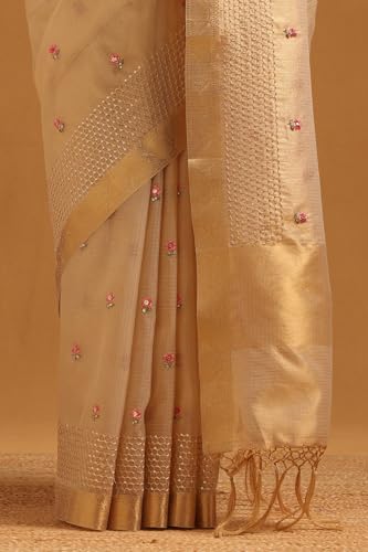 Soch Womens Beige Kota Floral Hand Embroidered Saree With Sequins