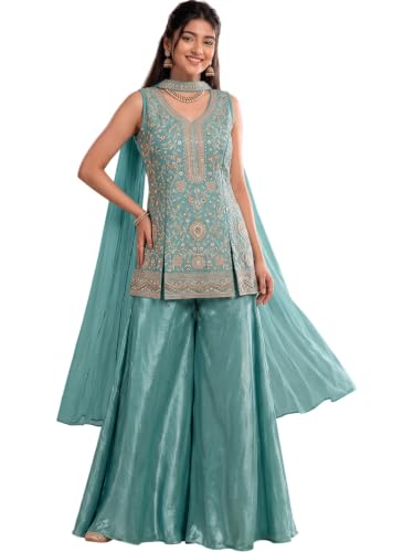 Varanga Women Sea Blue A Line Kurta Palazzos Set V Neck Sleeveless Chinon