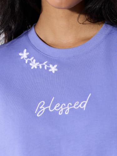 The Souled Store Blessed Women and Girls Short Sleeves Round Neck Lavender Embroidered Cotton Oversized Drop Shoulder Lightweight Everyday Casual T-Shirts