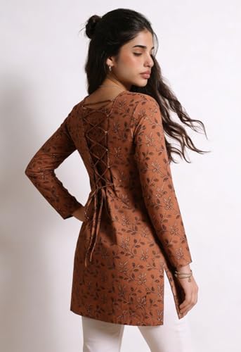 Women's Pure Cotton Corset Kurti | Floral Printed Straight Fit Kurta with Lace-Up Back Design | Ethnic Casual & Office Wear for Women | Brown | Size M