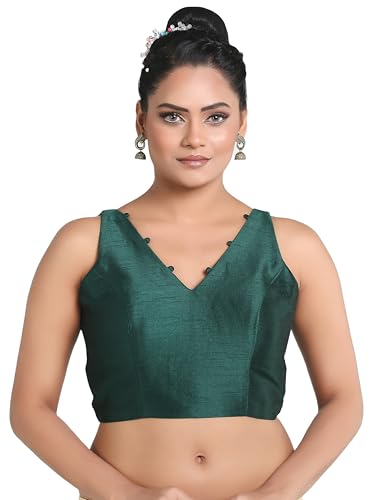 Madhu Fashion Women's Sleeveless Solid Pattern V Neck Readymade Saree Blouse (Bottle Green, 32)