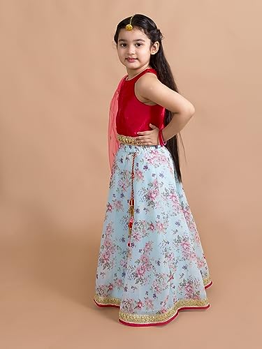 Pspeaches Girls Polyester Red Blue Floral Readymade Lehenga Choli Set (Red-7-8Y), 7-8 Years