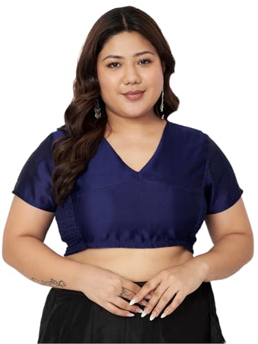studio rasa Women's Plus Size Silk Blend Stretchable Blouse for Wedding Festive Party (TPWPC225BL66-6XL_Navy_6XL)
