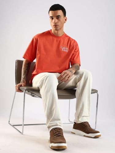 Calvin Klein Jeans Solid Relaxed Fit Cotton T-Shirt Mecca Orange