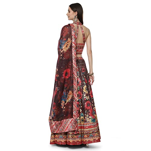 BIBA WOMEN PRINTED FLARED SALWAR KURTA DUPATTA(SKDASSORTED8199_CHOCO BROWN_38)