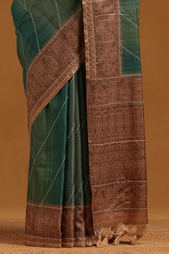 Soch Womens Teal Tussar Ethnic Motifs Saree With Thread Work