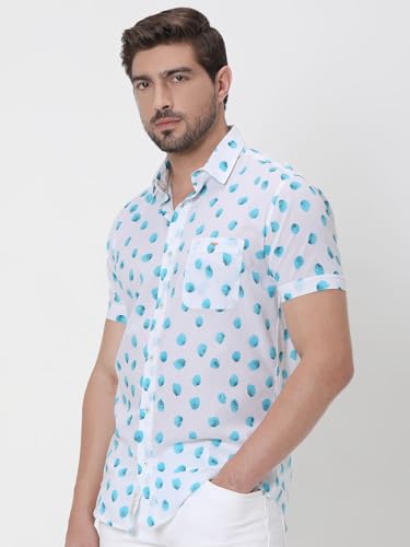 MUFTI Men Casual Shirt | Slim Fit Short Sleeve Spread Collar Polka Dot Design | Lightweight 100% Cotton & Breathable Fabric for Summer, Weekend & Vacation Wear| Bright Turquoise 6XL