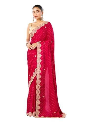 MOHEY Women's Satin Embroidery|Stone Work|Sequin Work Saree with Blouse Piece(Rani)