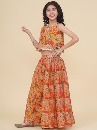 Bitiya By Bhama Girls Yellow Floral Printed Crop Top With Palazzo(GCS0525E01_15-16y)