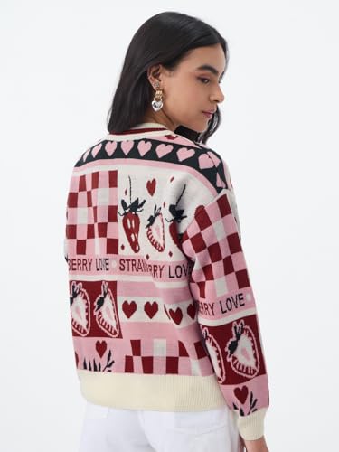 The Souled Store: Berry Love Women and Girls Full Sleeves V-Neck Pink and Red Printed Acrylic Lightweight Casual Pullover Oversized Sweater