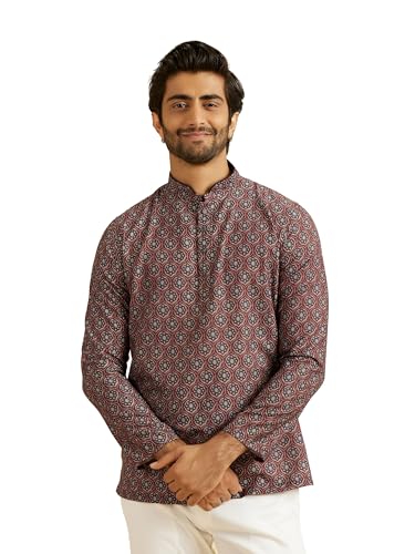 Manyavar Men's Cotton Blend Digital Print Short Kurta (Wine,L)