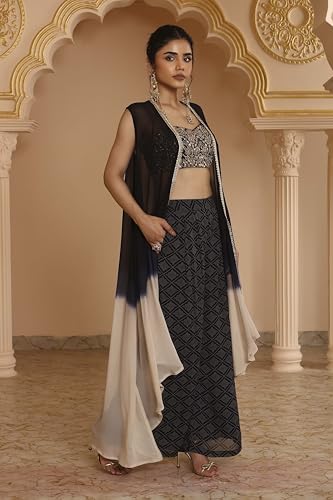 BIBA Women Black Viscose Georgette Bandhani Printed Fusion Set_36