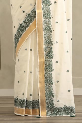 Soch Womens Green Cotton Kasavu Embroidered Saree With Cutwork