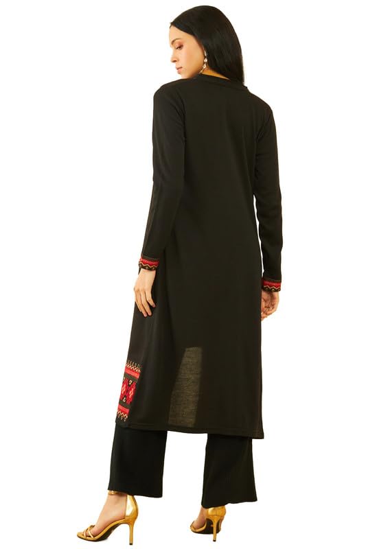 Soch Womens Black Acrylic Geometric Pattern Knitted Open-Front Longline Shrug(WW-CWA3KU60360A)