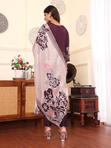 Varanga Women Pure Purple Floral Printed Kurta Set And Dupatta