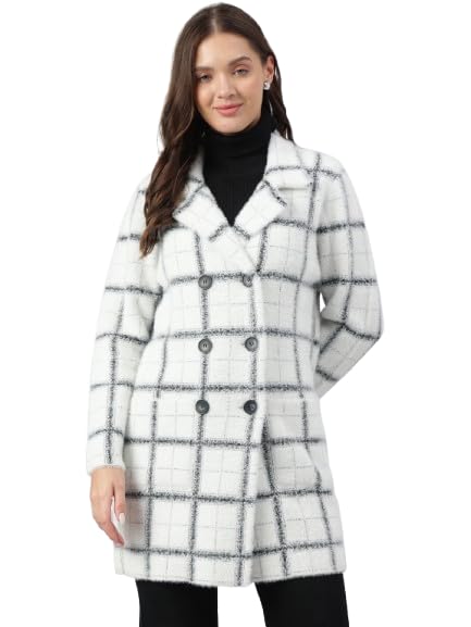 Latin Quarters Women Ivory Full Sleeve Casual Checked Coat_M