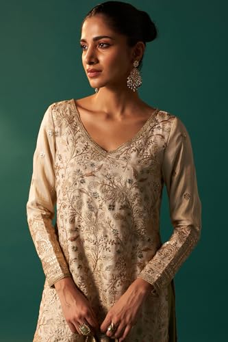 Wishful Women's White Zari Embroidered Tissue Straight Kurta with Sharara and Dupatta Set (SP12834-401055-2XL)