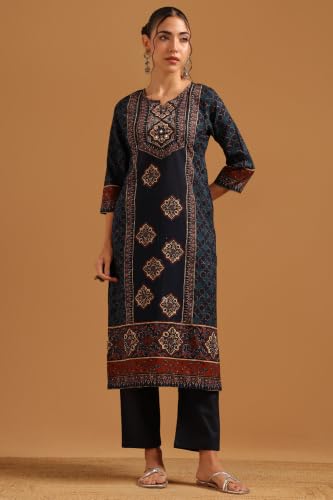 Soch Womens Blue Cotton Printed Ethnic Motifs Digital Print Salwar Suit