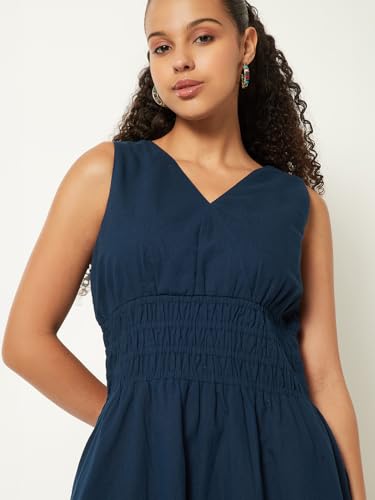 Max Women Solid A-line Dress (Blue_M)