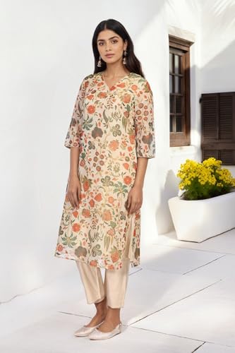 W for Woman Off-White Floral Printed Lace Trim Straight Tissue Kurta with Straight Pant and Dupatta Set (WS13276-126620-XS)