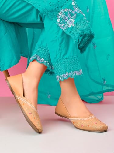 XE Looks Women’s Embroidered Ethnic Juttis with Intricate Threadwork Design | Soft Cushioned Insole | Lightweight Slip-On Traditional Flats for Girls & Women Beige
