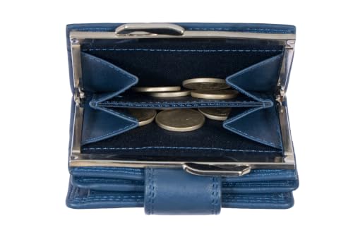 Calfnero Genuine Leather Women’s Wallet with Frame Coin Pocket | Compact Bifold with Card Slots, Cash Compartment & Snap Closure | Premium Leather Wallet (Navy)