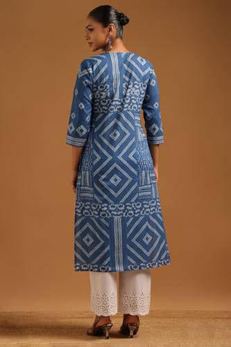 Soch Womens Indigo Cotton Geometric Kurta with Hand Embroidery and Bead Details
