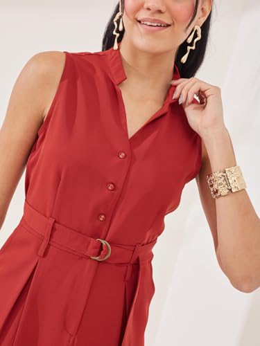 Latin Quarters Women's Rust Solid Sleeveless Mandarin Neck Casual Shirt Dress_M