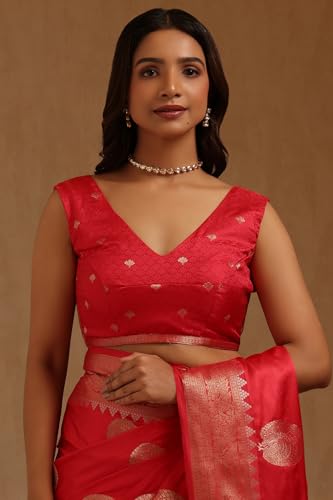 Soch Womens Red Satin Zari Woven Saree