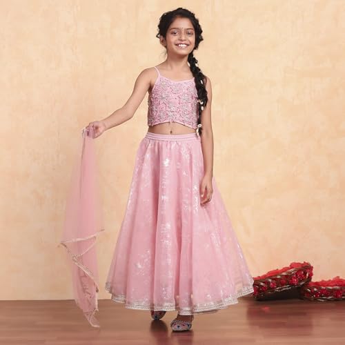 Biba Girls Pink Viscose Printed Flared Lehenga Set_8-9Y