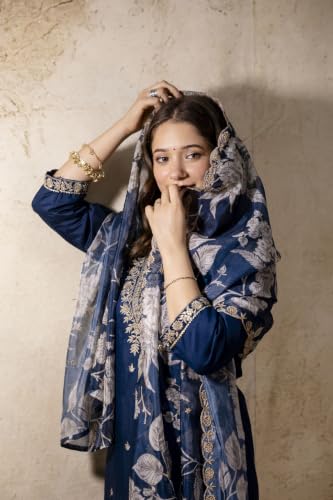 Women's Dark Blue Silk Blend Straight Kurta Set With Dupatta And Pant