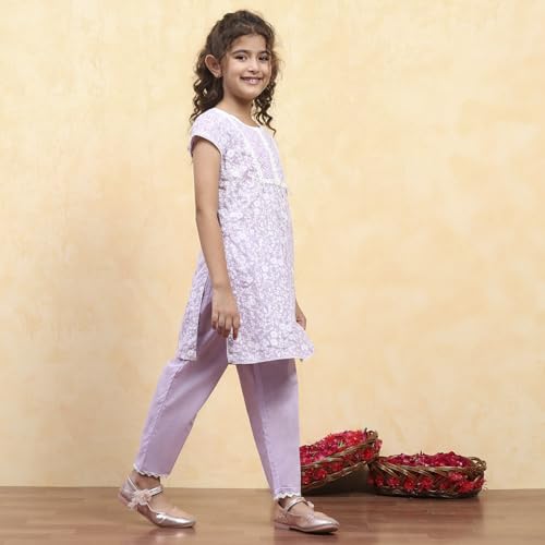 BIBA Girl's Lavender Cotton Straight Printed Kurta Pants Set