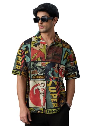 The Souled Store DC: Vintage Poster Men and Boys Short Sleeves Collared Neck Button Front Multi All Over Printed Oversized Fit Lightweight Streetwear Cotton Linen Shirts
