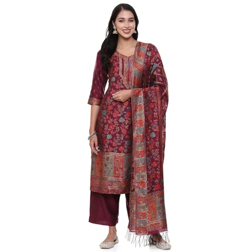 BIBA Women YARNDYED STRAIGHT KURTA SALWAR KURTA DUPATTA(SKDARTSY WE9102_WINE_34)