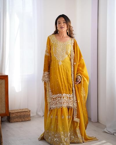 LEELI PEERI DESIGNER Women's Chinon Silk Mustard Embroidery Kurta Sharara Set With Dupatta(45PDM6-XL)