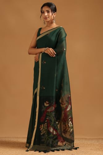 Soch Womens Green Chanderi Woven Design Saree