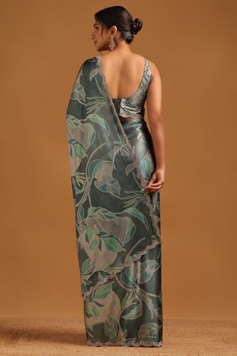 Soch Womens Teal Satin Botanical Saree With Stone Work