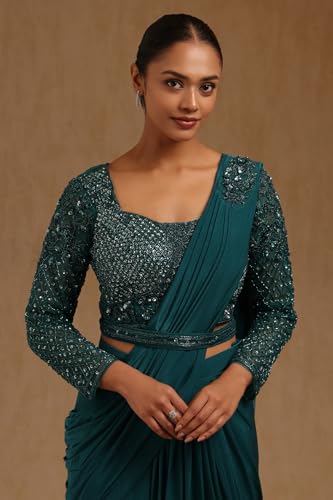 Soch Womens Teal Green Spandex Solid Ready To Wear Saree