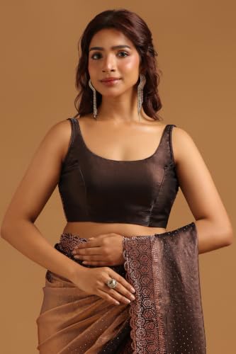 Soch Womens Brown Fendy Organza Ombre Stone Embellished Saree