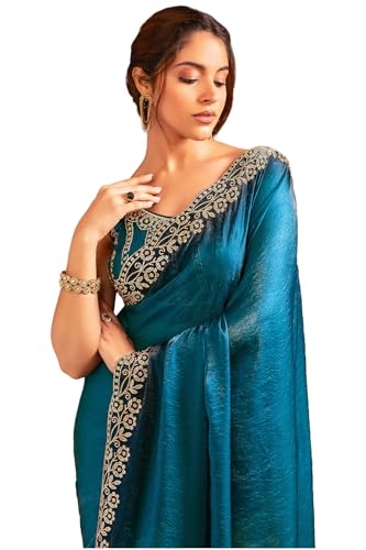Soch Womens Teal Green Organza Saree With Stone Work