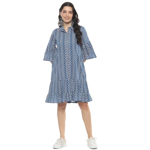 Rangriti Women Cotton Printed Tiered Dress Ankle Length Casual CASUALDRESSES19112SS24IND_Blue