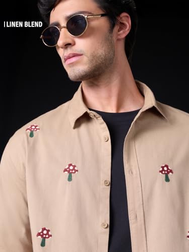 The Souled Store: Mushroom Patch Men and Boys Long Sleeve Spread Collar Beige Embroidered Relaxed Fit Casual Easy to Style Everyday Office Wear Cotton Linen Shirt